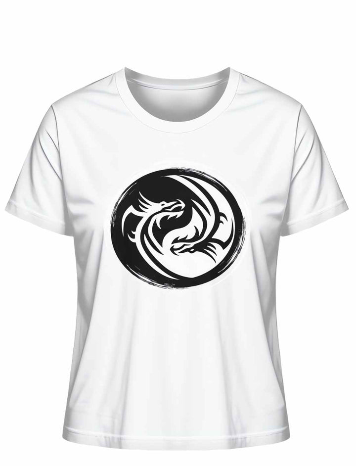 Weißes 'Drachensiegel des Gleichgewichts' T-Shirt mit Yin-Yang-Drachenmotiv auf weißem Grund.