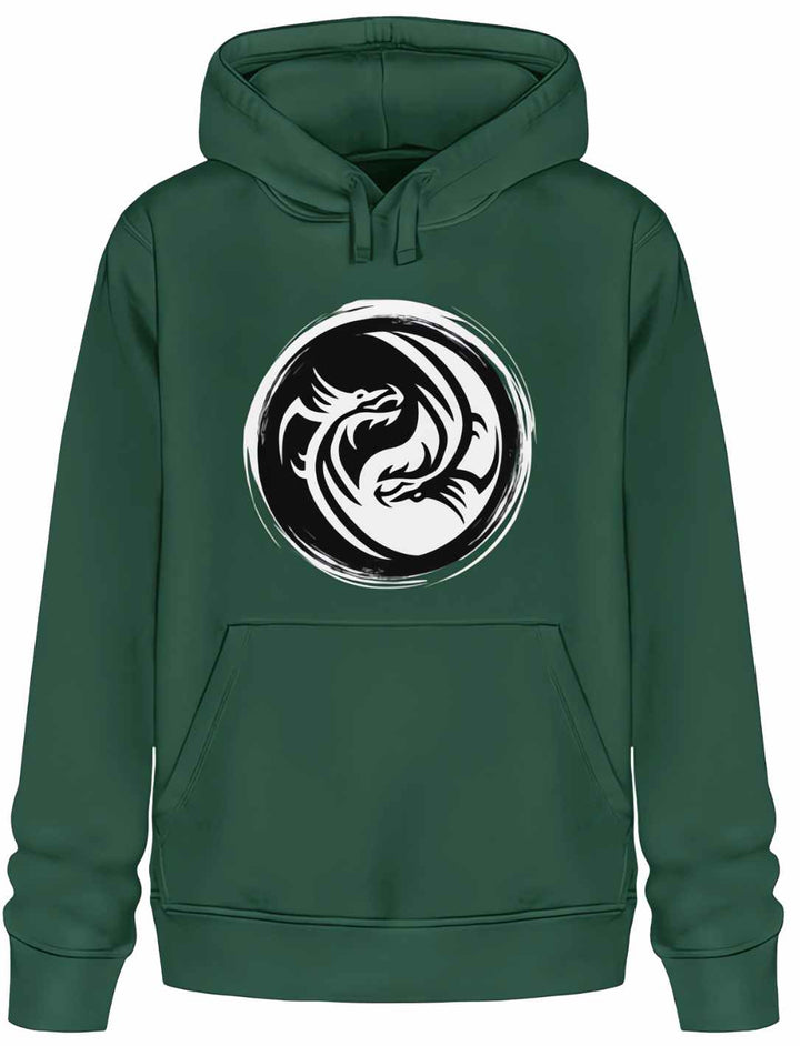 Dark Green 'Drachensiegel des Gleichgewichts' Unisex-Hoodie, präsentiert auf weißem Grund, verkörpert die Natur des Mythischen.
