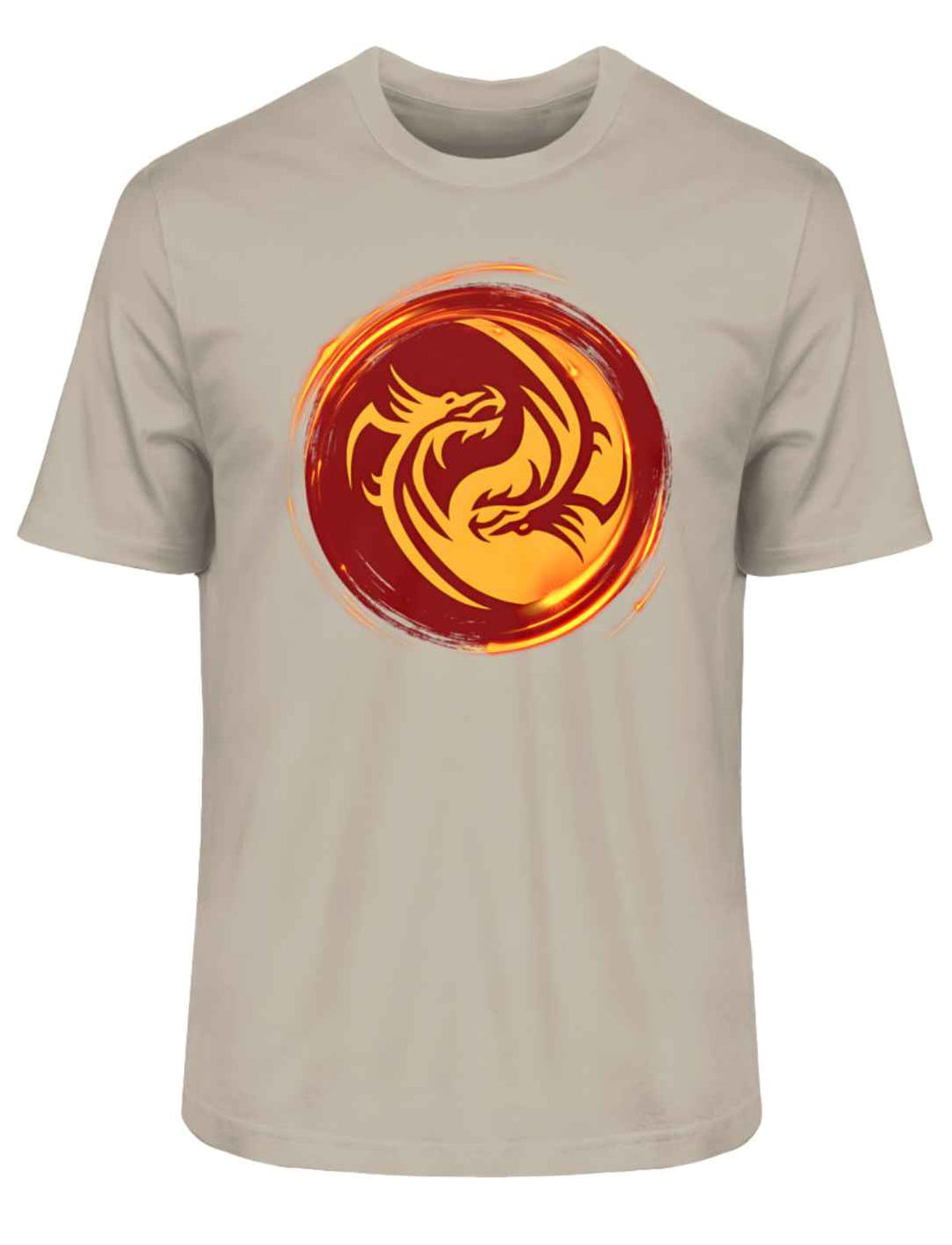 T-Shirt in Desert Dust mit "Drachensturm der Macht" Design, ein beeindruckendes Symbol für die Verbindung zu den uralten Mythen und der feurigen Stärke der Drachen, auf weißem Hintergrund.