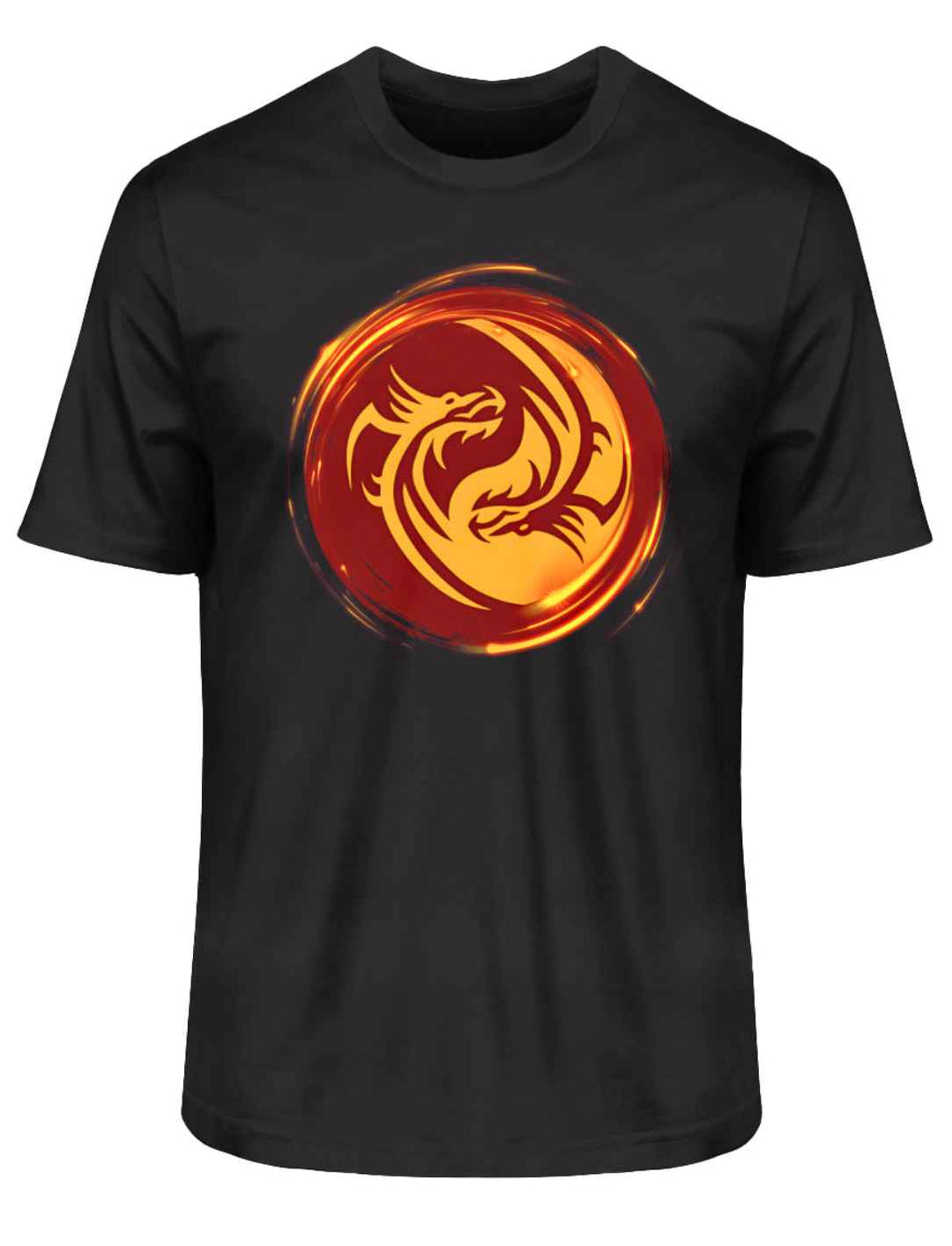 T-Shirt in Schwarz mit "Drachensturm der Macht" Design, ein Symbol für urtümliche Kraft und mythische Eleganz, auf weißem Hintergrund.