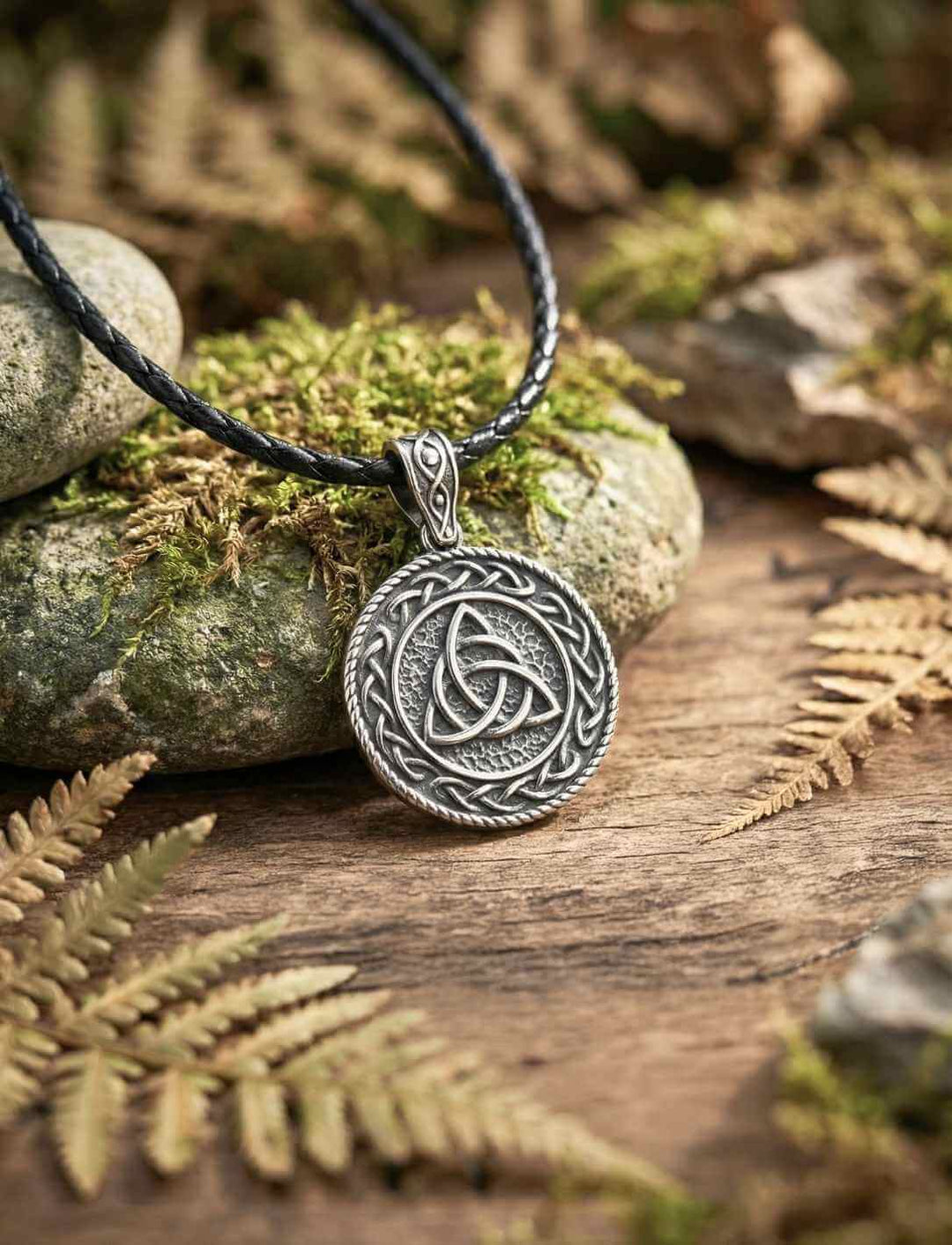 Triquetra Anhänger an schwarzem Band, arrangiert mit Farnen und Natursteinen im Waldsetting