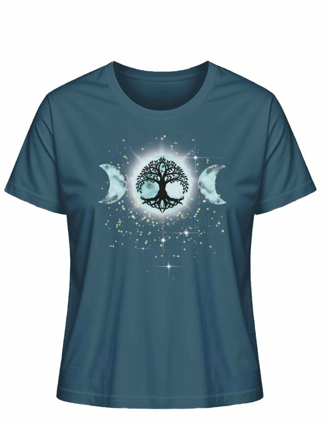 Dreimondzauber des Nachtwaldes T-Shirt in Stargazer mit Lebensbaum und Mondphasen, auf weißem Hintergrund