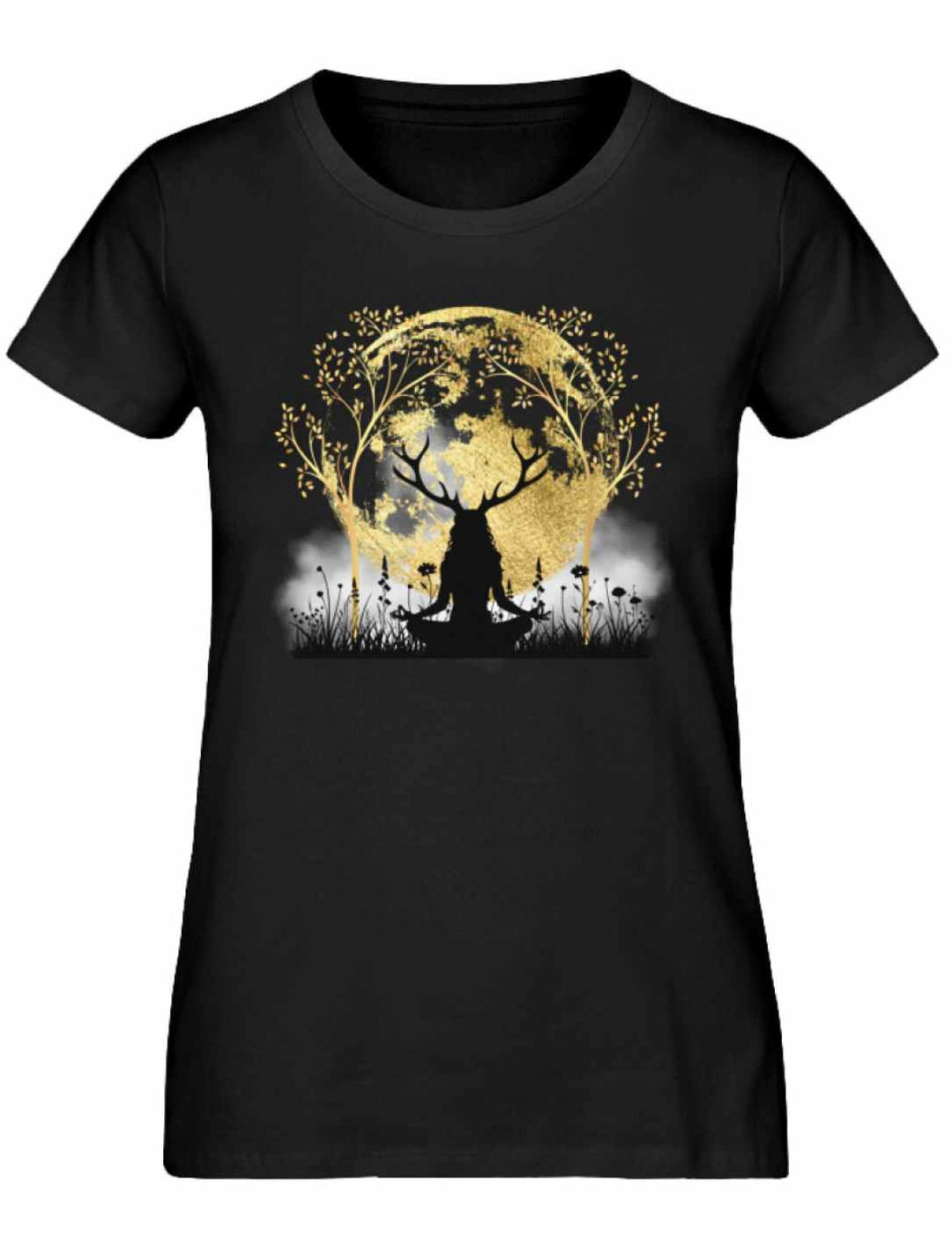 Schwarzes 'Druidin der alten Wälder' Damen T-Shirt auf weißem Hintergrund, mit dem Symbol des Lebensbaums und dem Mond.