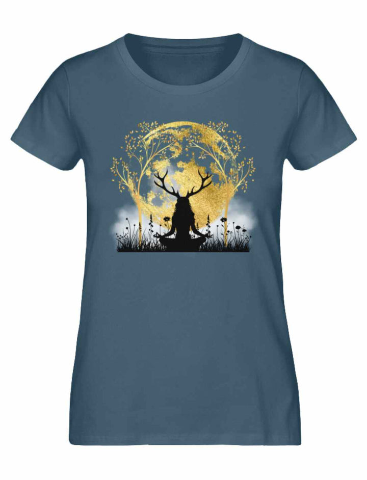 Stargazer 'Druidin der alten Wälder' Damen T-Shirt, leuchtet mit einem Design, das die Verbindung zwischen Himmel und Erde symbolisiert.