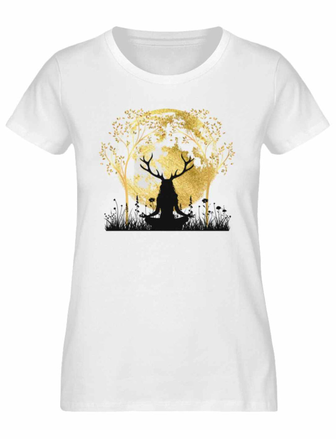 Weißes 'Druidin der alten Wälder' Damen T-Shirt, hervorgehoben durch die mystische Darstellung einer Druidin im Einklang mit Mond und Lebensbaum.