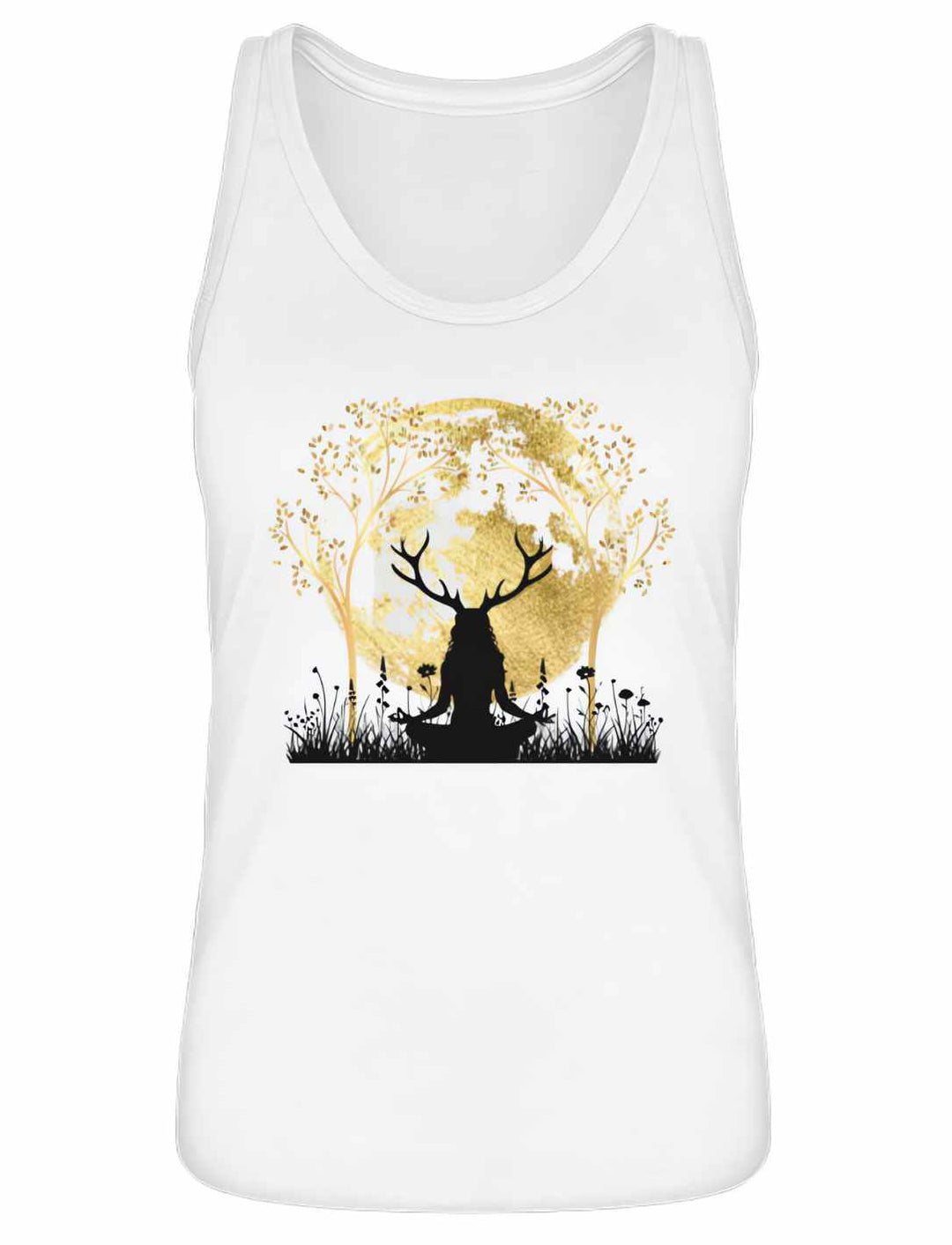 Damen Tank Top 'Druidin der alten Wälder' in Weiß, zeigt mystisches Design mit Mond und Lebensbaum.