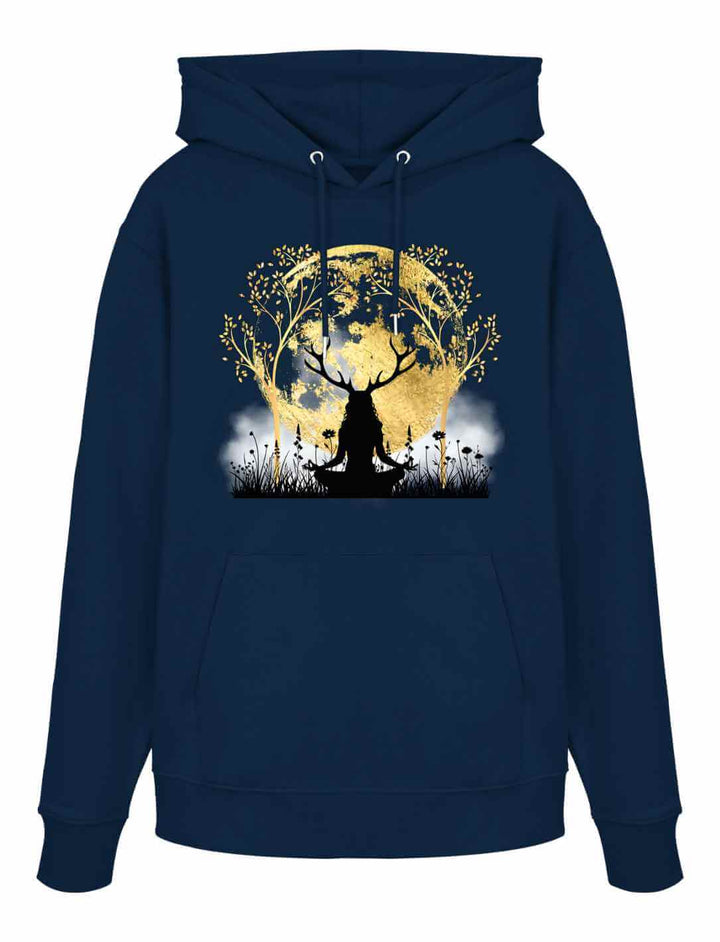 Navyblauer Unisex Organic Hoodie „Druidin der alten Wälder“ mit leuchtendem goldenen Design