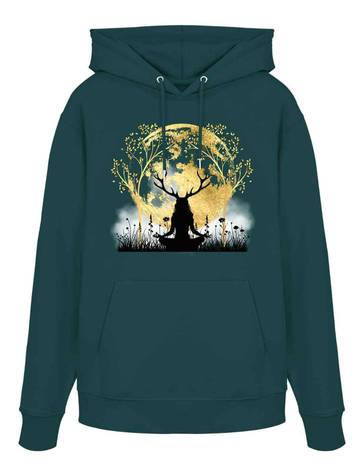 Grüner Unisex Organic Hoodie „Druidin der alten Wälder“ mit goldenem Baum-Motiv und Silhouette