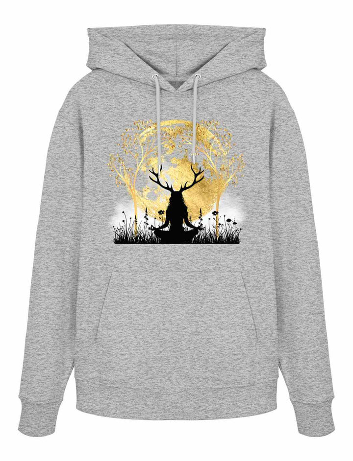 Graue melierter Unisex Organic Hoodie „Druidin der alten Wälder“ mit kontrastreichem gold-schwarzem Design