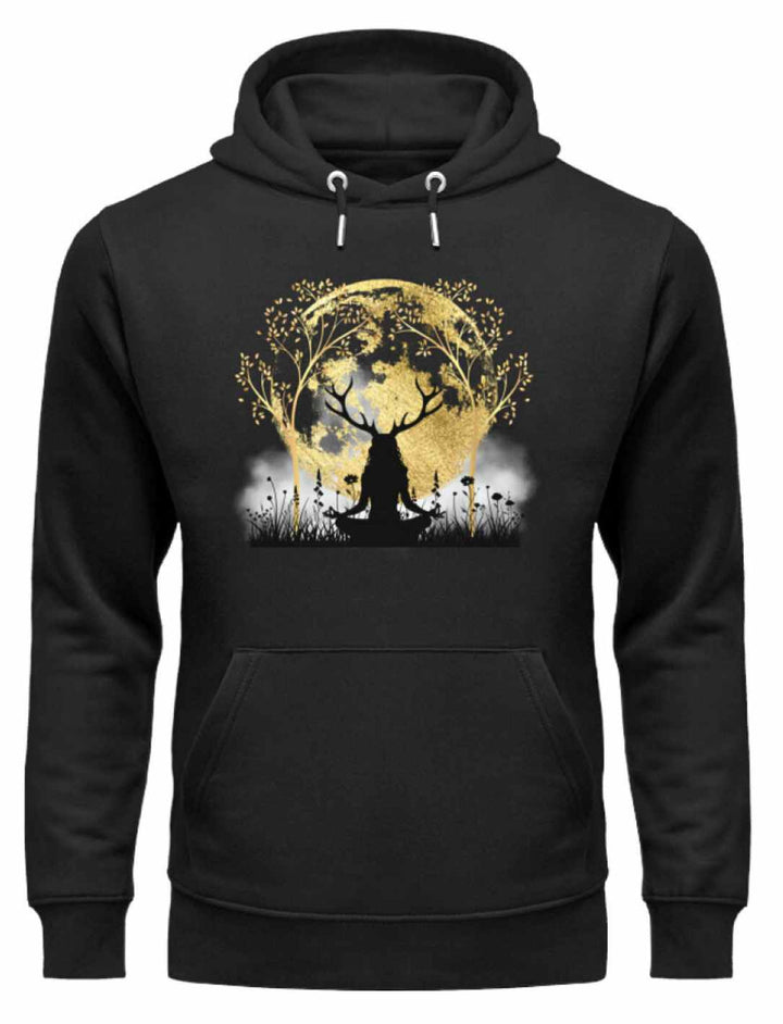 Schwarzer 'Druidin der alten Wälder' Organic Unisex Hoodie, mit dem markanten Motiv der Druidin, umgeben von Mond und Lebensbaum.