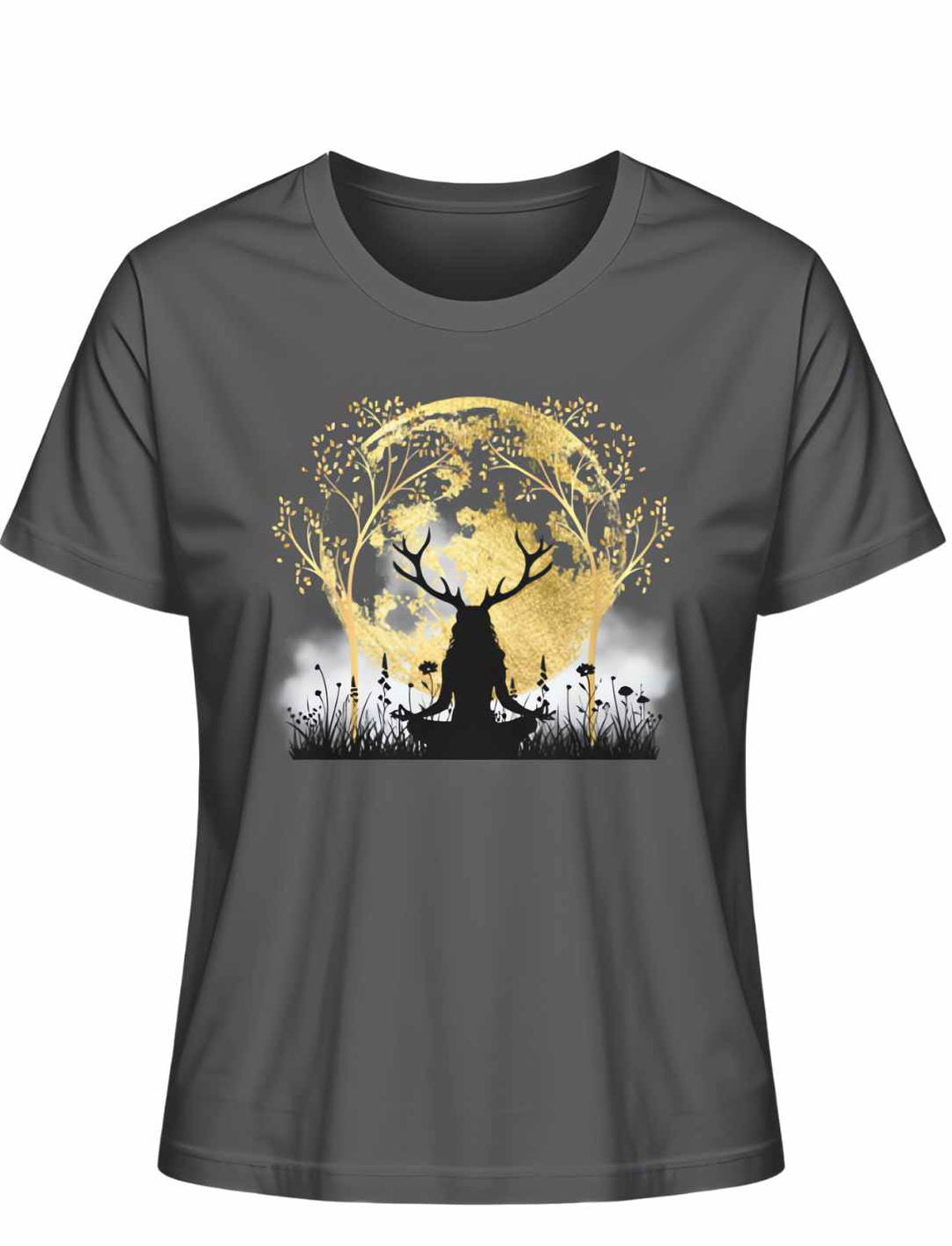Anthrazitfarbenes 'Druidin der alten Wälder' Damen T-Shirt, das die Geheimnisse der Druiden-Mystik in modernem Design einfängt