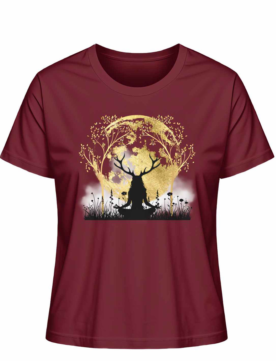 Burgundfarbenes 'Druidin der alten Wälder' Damen T-Shirt, zeigt die kraftvolle Präsenz der Druidin, umgeben von Mondlicht und dem majestätischen Lebensbaum.