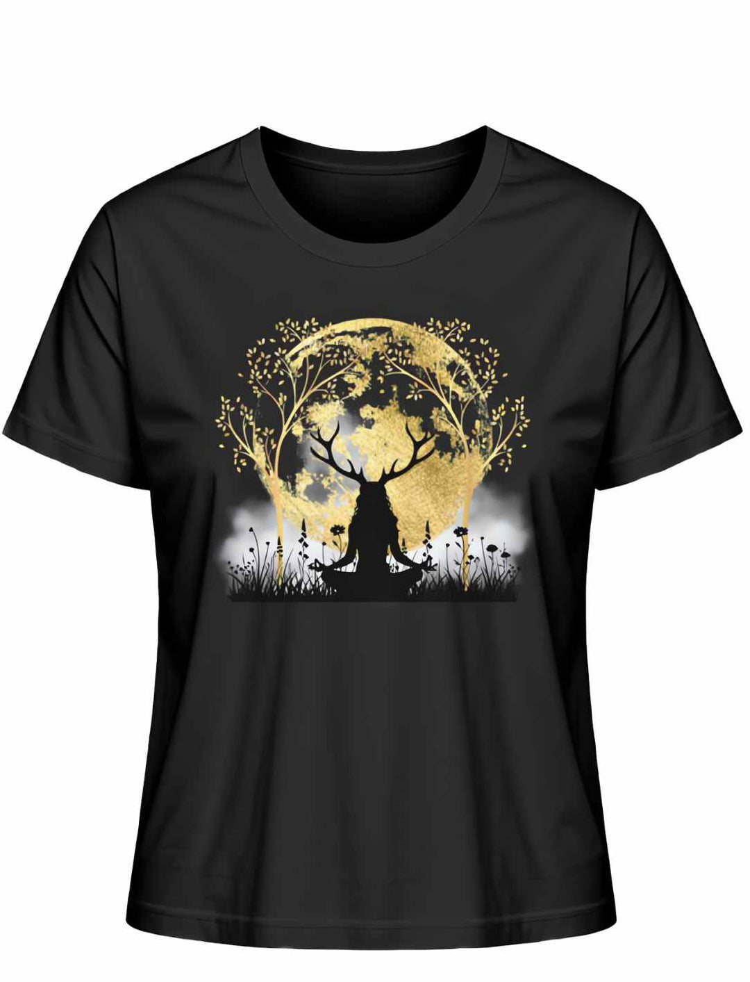 Schwarzes 'Druidin der alten Wälder' Damen T-Shirt auf weißem Hintergrund, mit dem Symbol des Lebensbaums und dem Mond.