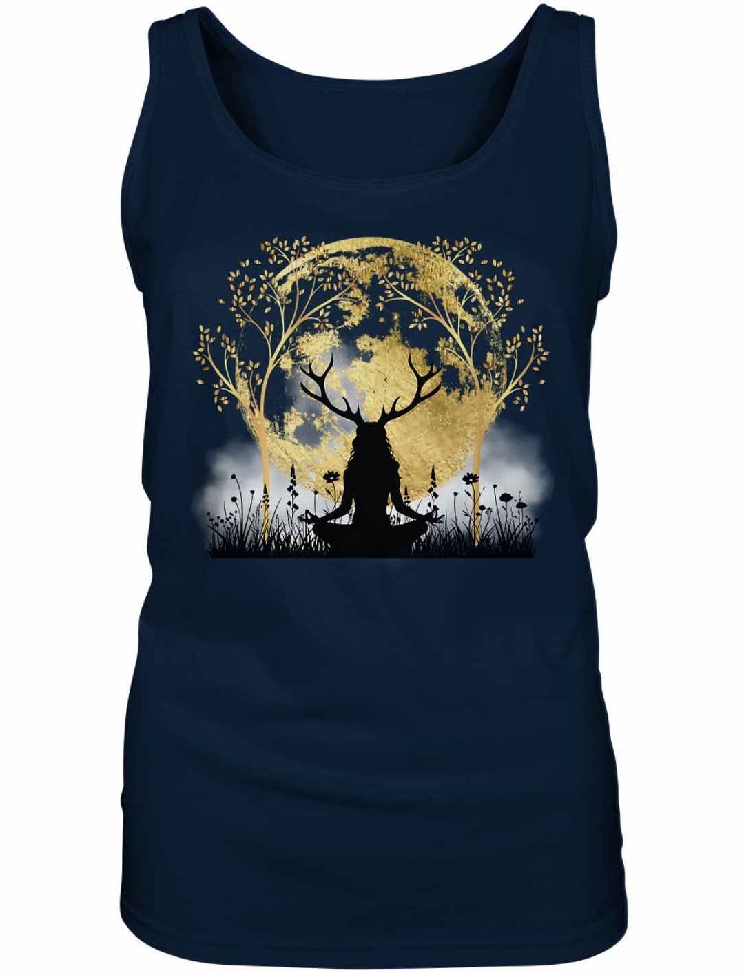 Druidin der alten Wälder Damen Tanktop in Navy auf weißem Hintergrund – Stilvolles Tanktop mit mystischem Design, inspiriert von der Naturverbundenheit der Druiden.