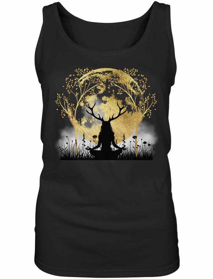 Druidin der alten Wälder Damen Tanktop in Schwarz auf weißem Hintergrund – Mystisches Design mit Lebensbaum und Vollmond, inspiriert von der Natu