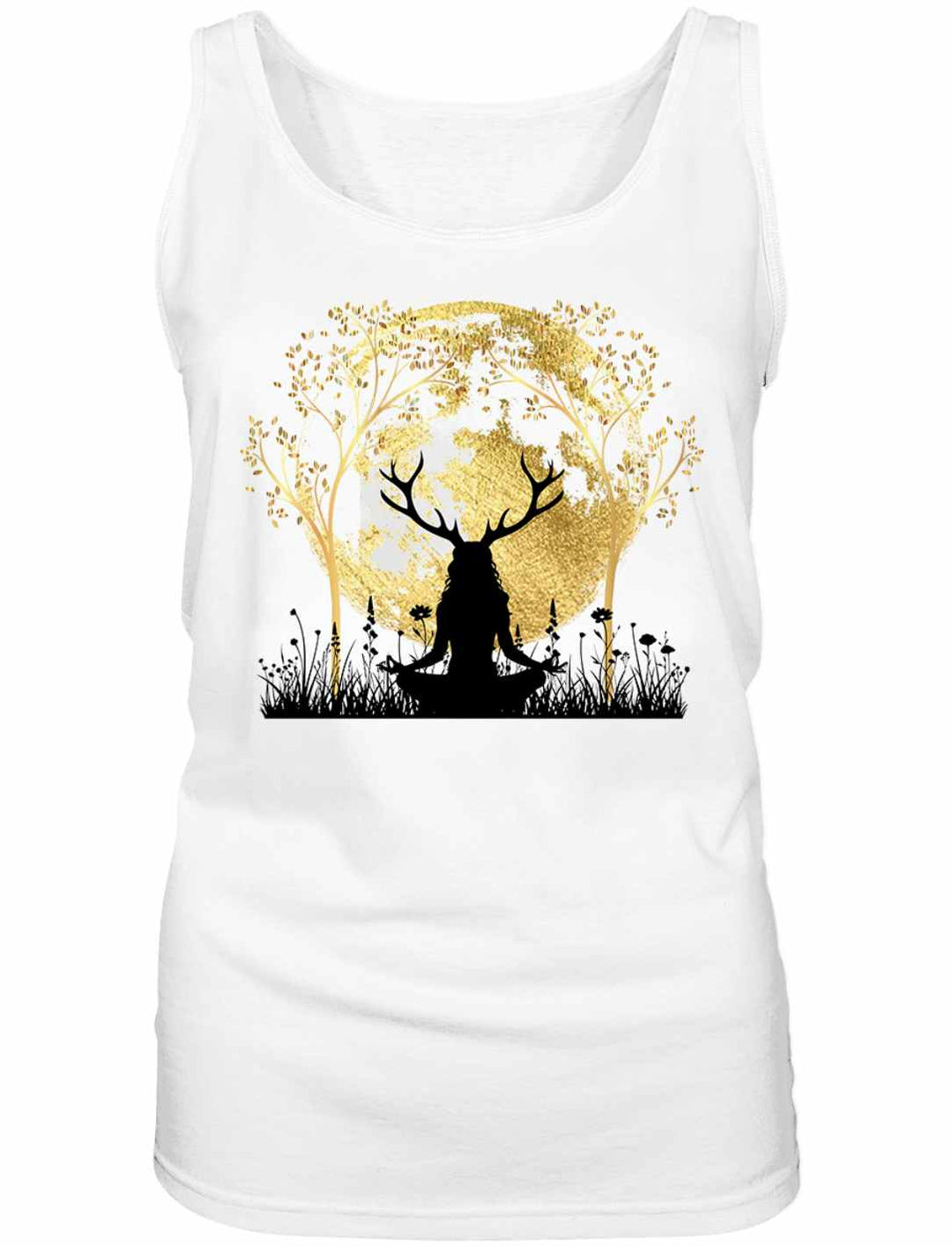 Druidin der alten Wälder Damen Tanktop in Weiss auf weissem Hintergrund – Kraftvolles Design mit Symbolen der Druidin, Lebensbaum und Vollmond.