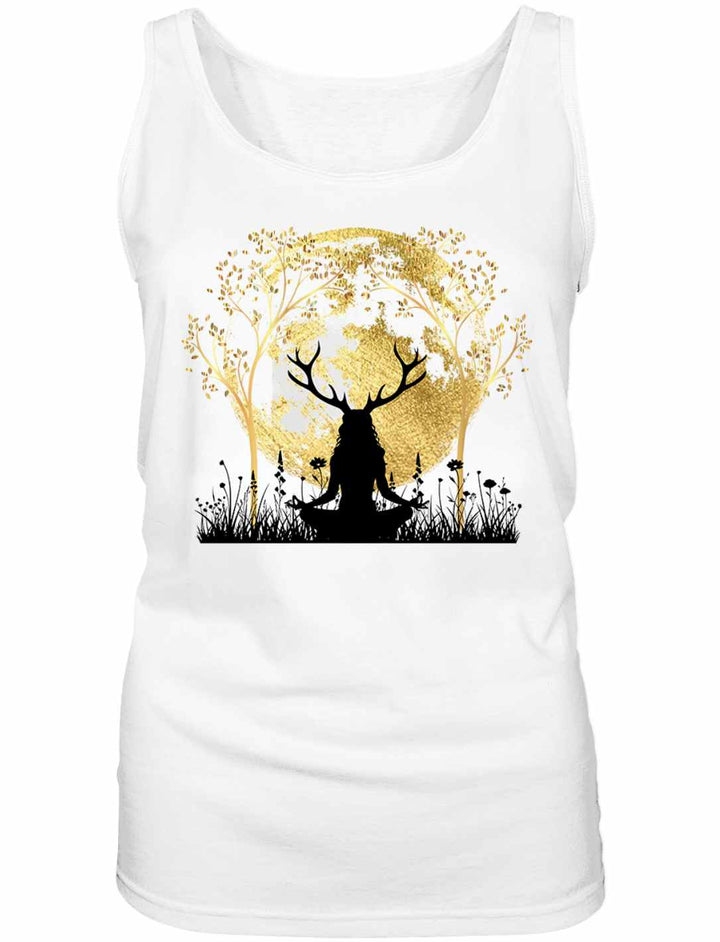 Druidin der alten Wälder Damen Tanktop in Weiß auf weißem Hintergrund – Kraftvolles Design mit Symbolen der Druidin, Lebensbaum und Vollmond.