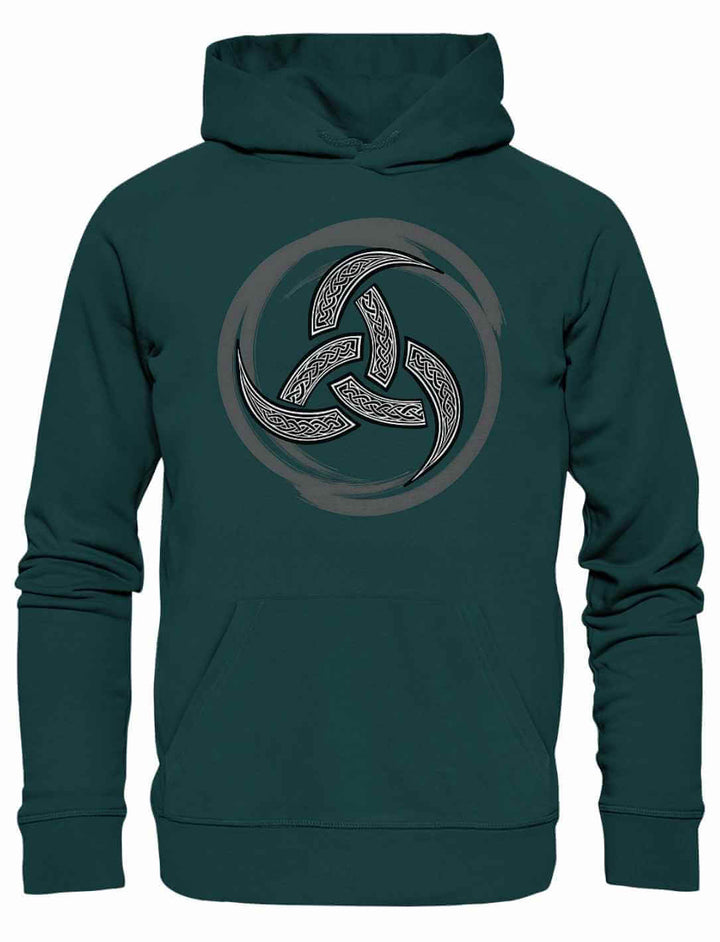 Dunkelgrüner Hoodie mit keltischem Triquetra-Print in silbergrau – Naturinspirierter Unisex-Look für Fans spiritueller Designs.