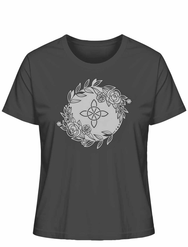 Liegedarstellung eines anthrazitfarbenen 'Eriu Witch Knot'-T-Shirts mit einem sichtbaren keltischen Knoten- und Hexensymbol-Design.