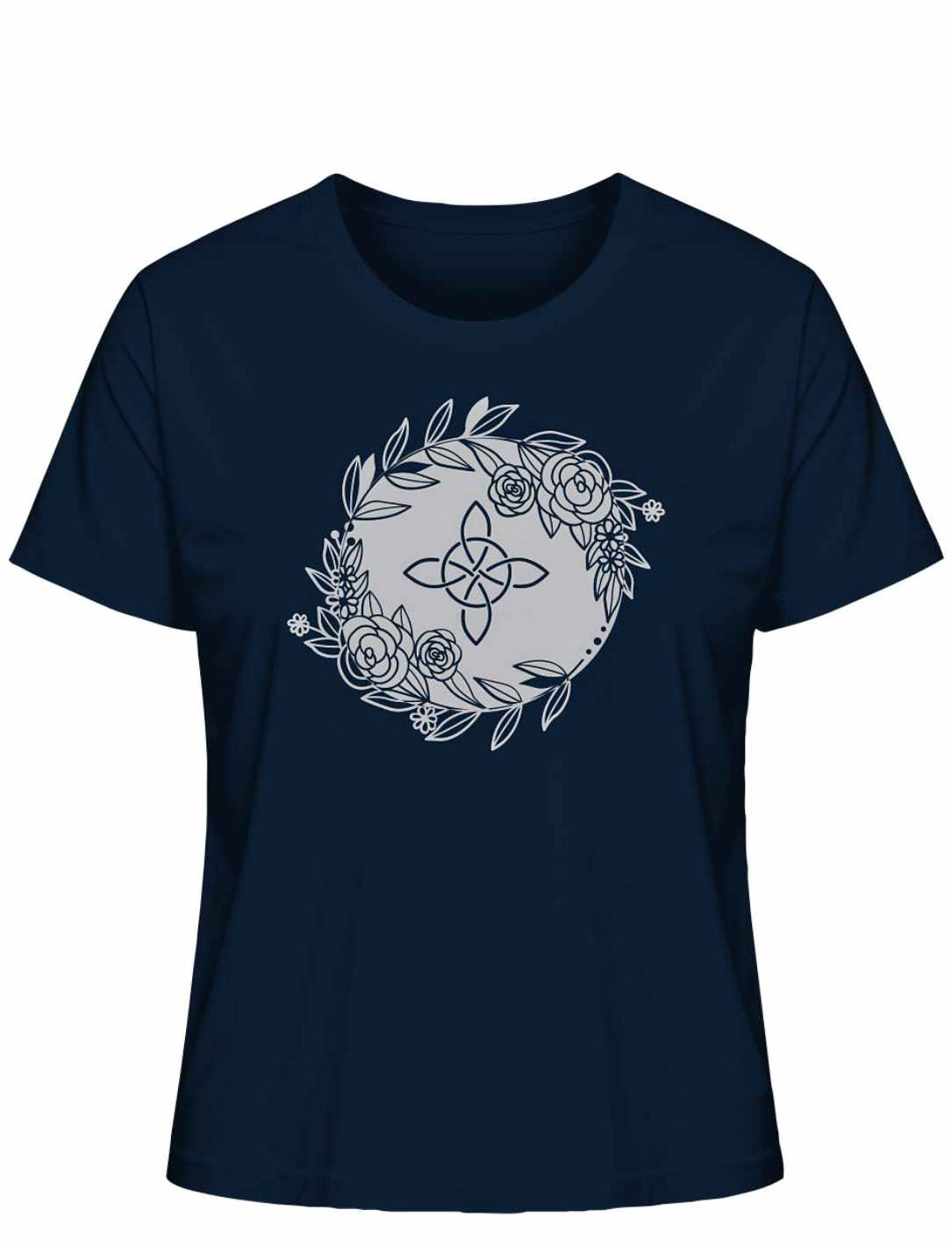 Liegedarstellung eines Navy-Blauen 'Eriu Witch Knot'-T-Shirts mit einem hervorgehobenen keltischen Knoten- und Hexensymbol-Design.