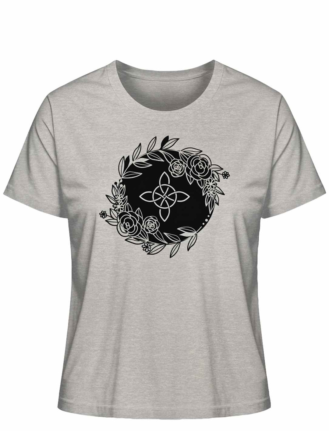 Liegedarstellung eines ´ 'Eriu Witch Knot'-T-Shirts in Heather Grey mit einem hervorgehobenen keltischen Knoten- und Hexensymbol-Design.