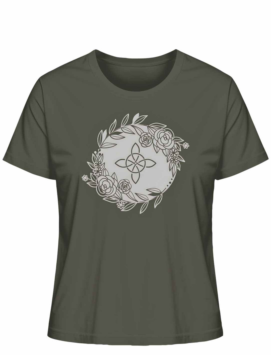 Liegedarstellung eines 'Eriu Witch Knot'-T-Shirts in Khaki mit einem hervorgehobenen keltischen Knoten- und Hexensymbol-Design.