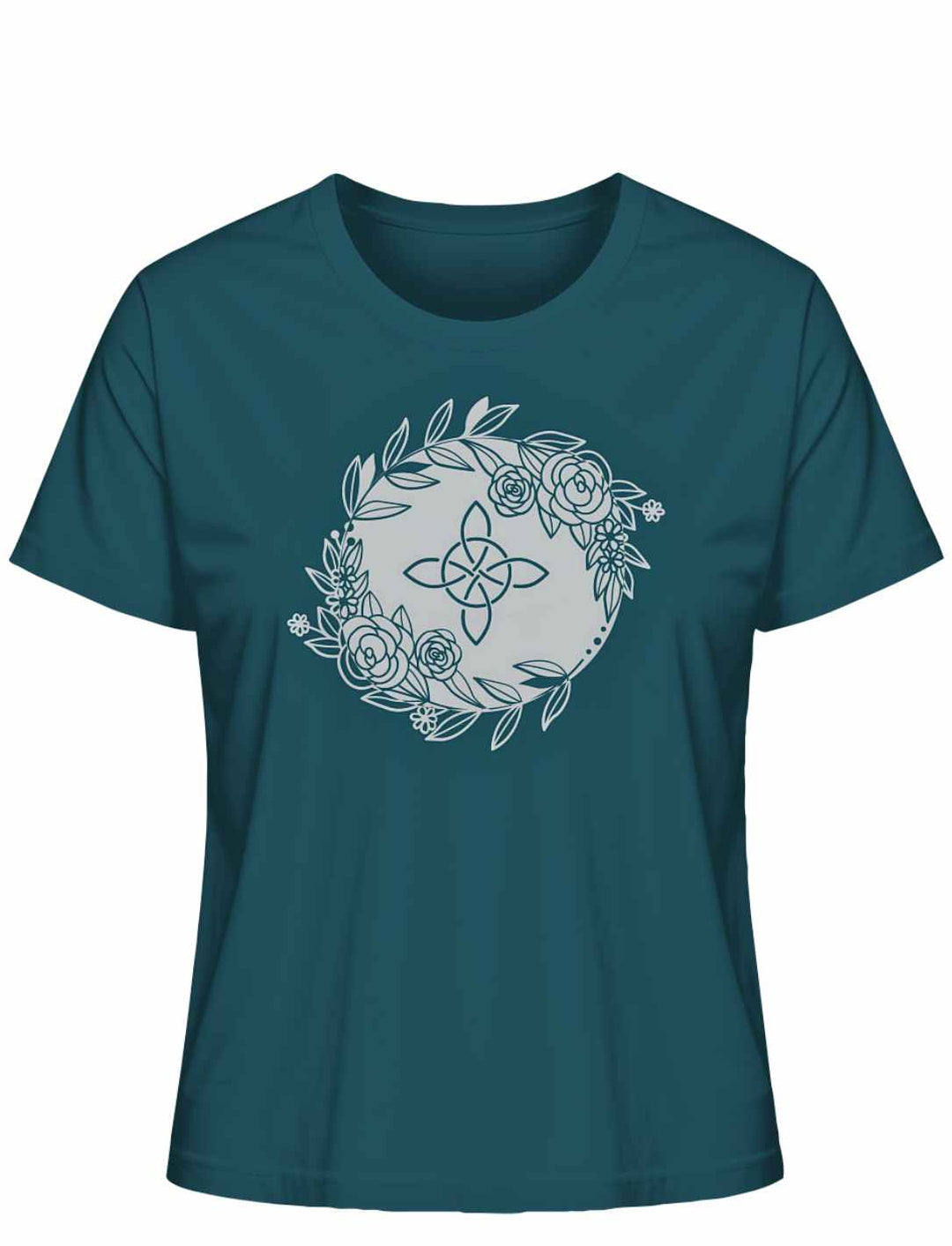 Liegedarstellung eines 'Eriu Witch Knot'-T-Shirts in Stargazer mit einem hervorgehobenen keltischen Knoten- und Hexensymbol-Design.