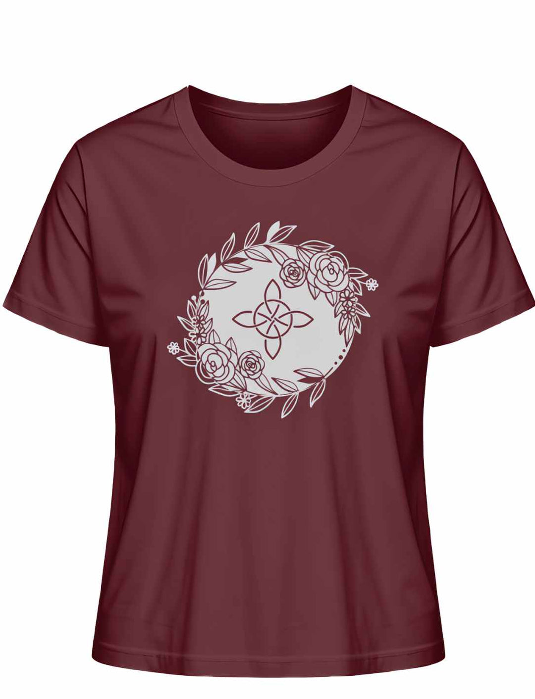 Liegedarstellung eines burgunderroten 'Eriu Witch Knot'-T-Shirts mit einem detaillierten keltischen Knoten- und Hexensymbol-Design