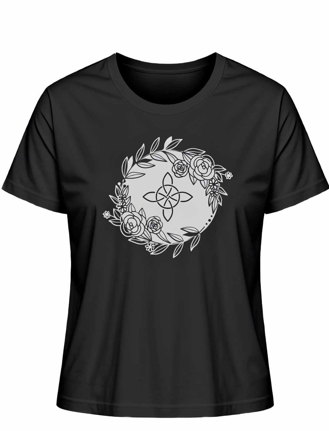 Liegedarstellung eines schwarzen 'Eriu Witch Knot'-T-Shirts mit keltischem Knoten- und Hexensymbol-Design auf weissem Hintergrund