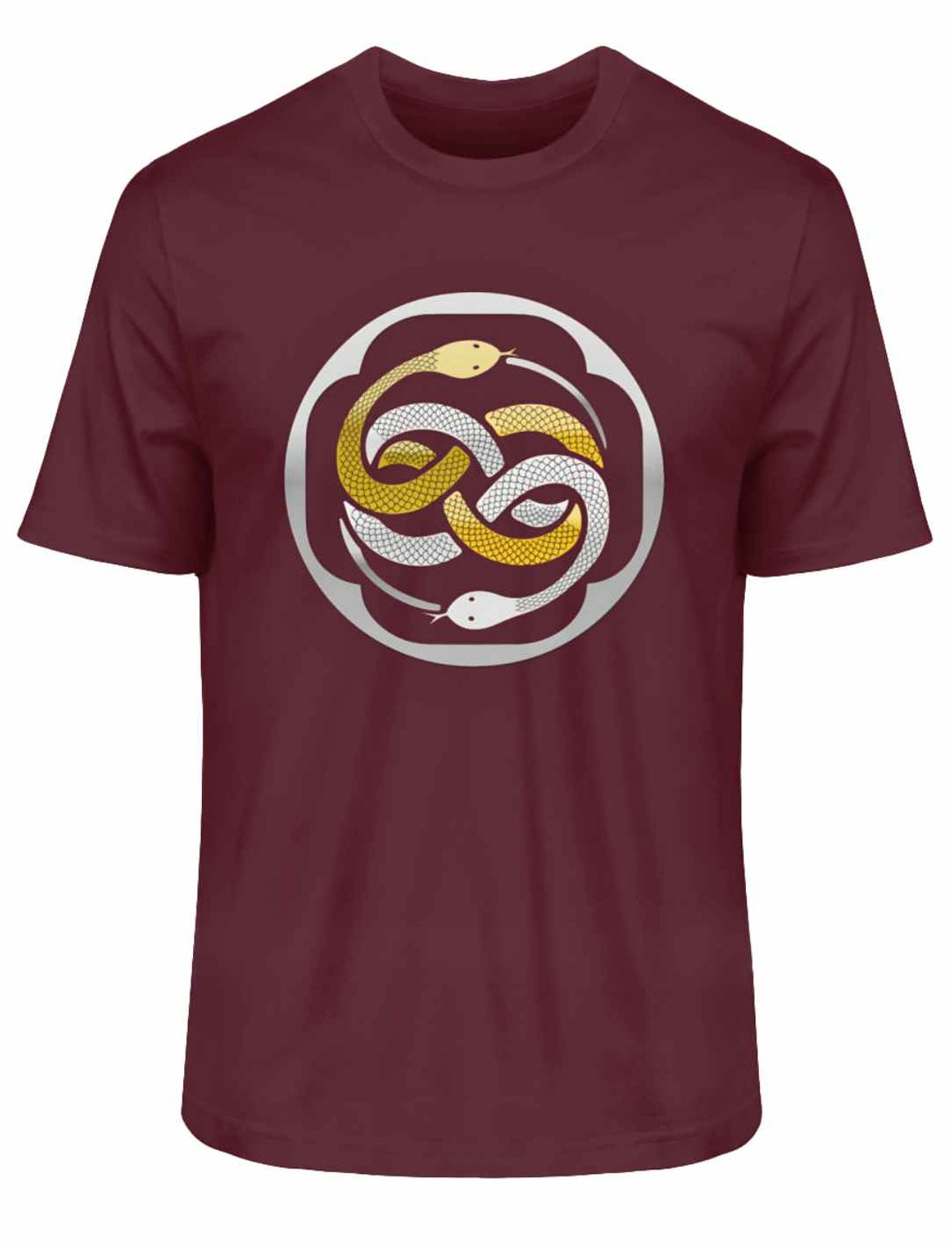 Ewiger Wuivre Organic Unisex T-Shirt in Burgund, auf weißem Hintergrund, keltische Symbolik und kraftvolles Design.