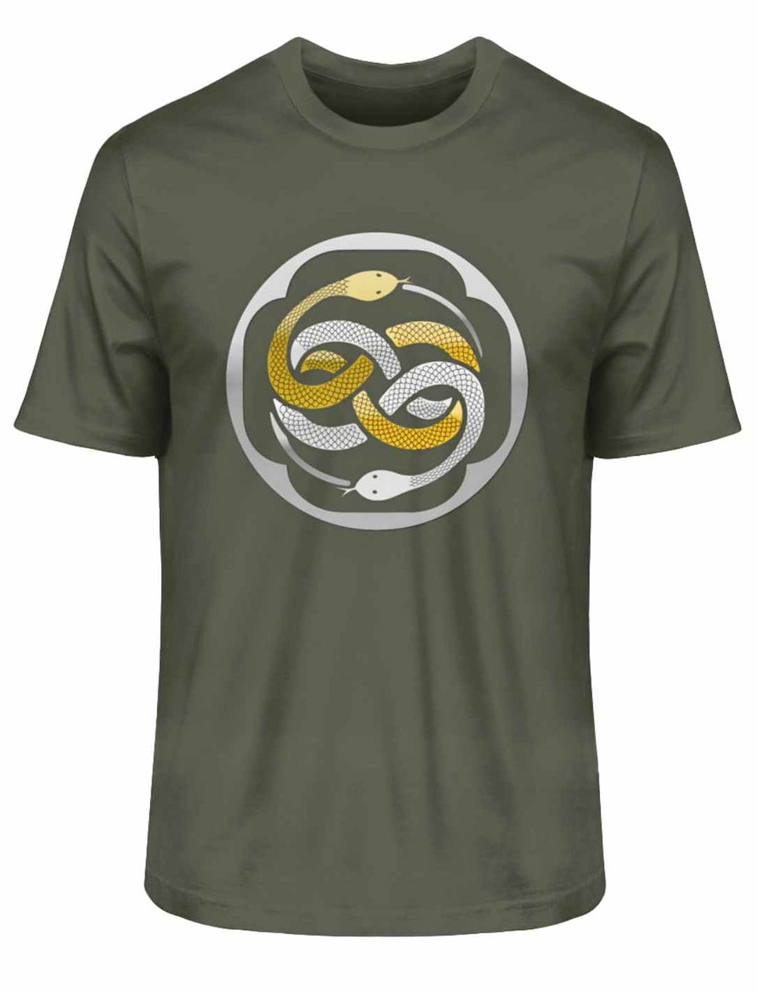 Ewiger Wuivre Organic Unisex T-Shirt in Khaki, auf weißem Hintergrund, robust und nachhaltig mit keltischem Design.