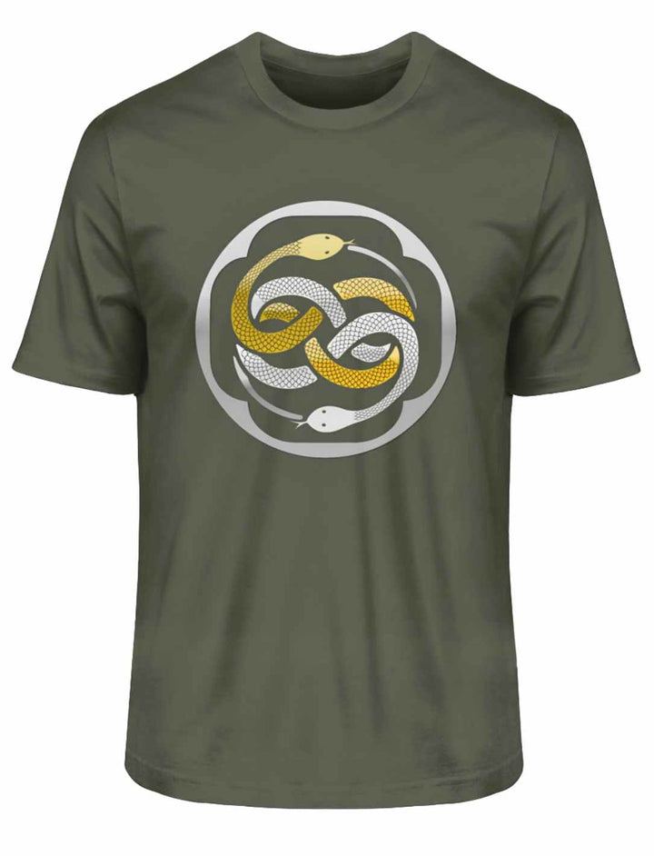 Ewiger Wuivre Organic Unisex T-Shirt in Khaki, auf weißem Hintergrund, robust und nachhaltig mit keltischem Design.