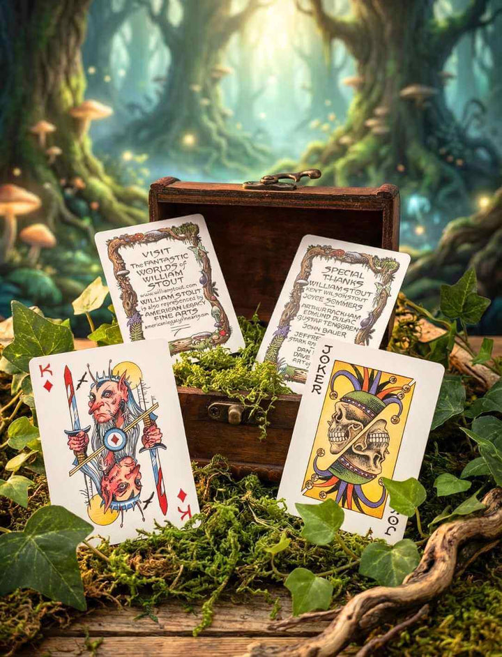 Fantastische Spielkarten mit Zauberer- und Kreaturenmotiven in Waldatmosphäre