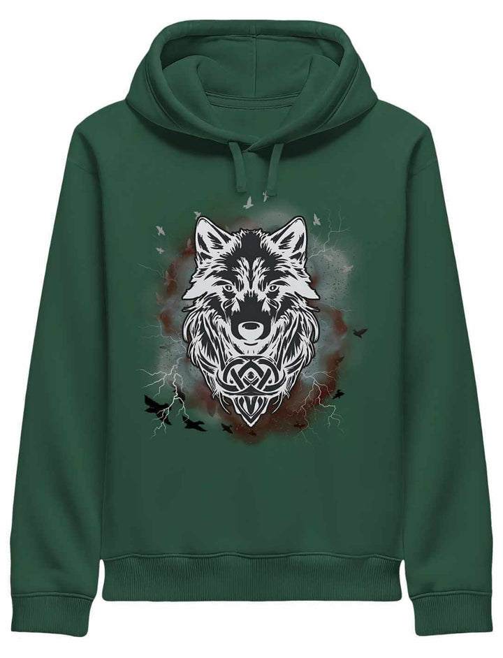 Bottle Green Fenrir – Wolfseele des Nordens Organic Hoodie mit Wolfskopf-Design