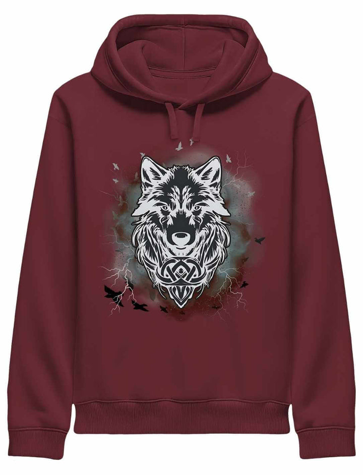 Burgunderroter Fenrir – Wolfseele des Nordens Organic Hoodie mit mystischem Wolfsmotiv