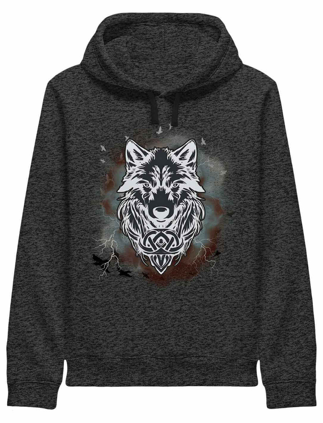 Dark Heather Grey Fenrir – Wolfseele des Nordens Hoodie mit mystischem Wolfskopf-Print