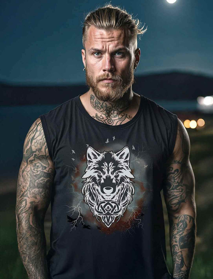 Ein muskulöser Mann mit Tattoos trägt das schwarze “Fenrir – Wolfseele des Nordens” Tank-Top unter dem Mondlicht, umgeben von mystischer Atmosphäre.