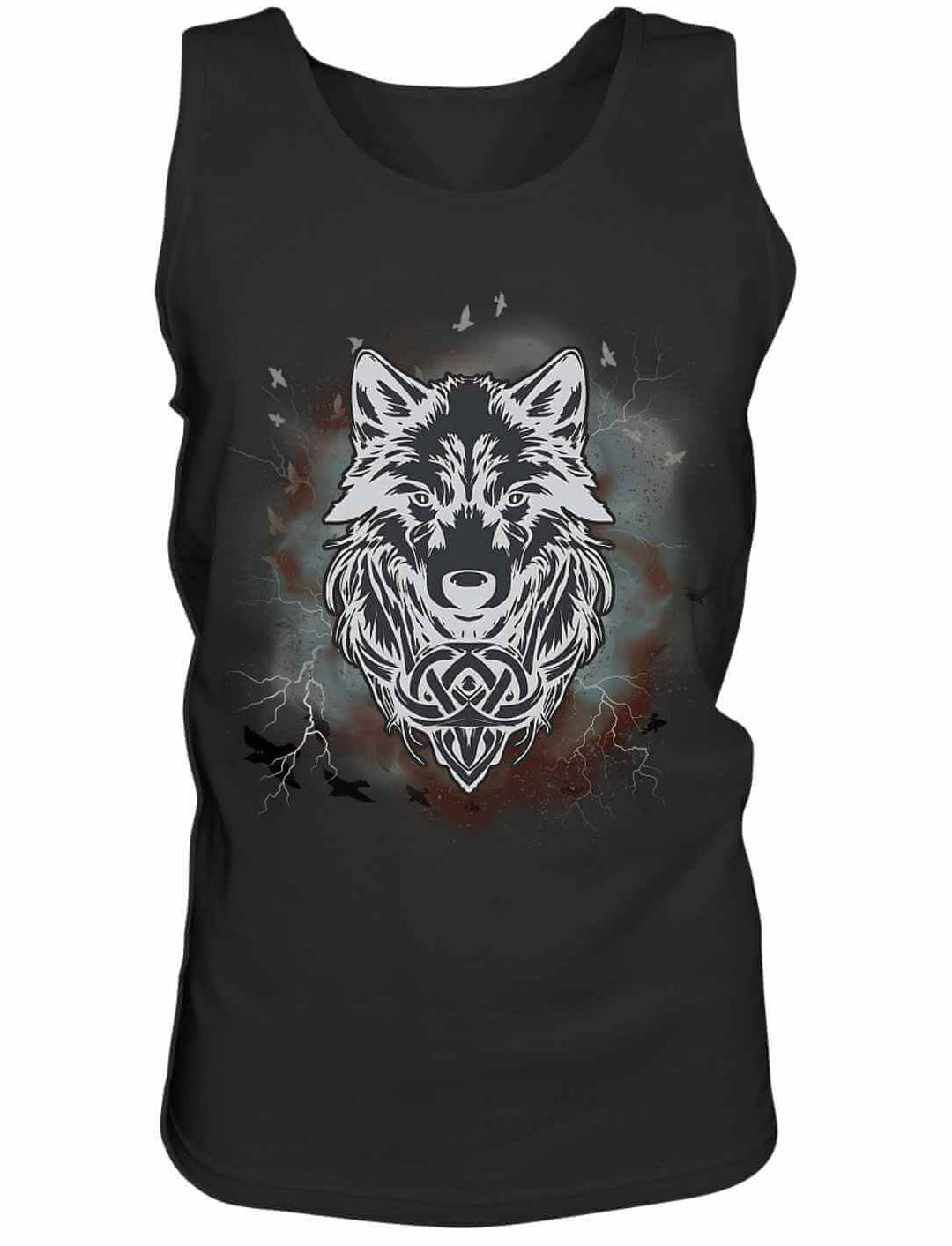 Ein ärmelloses Herren Tank-Top mit dem kraftvollen Fenrir-Wolfsmotiv, inspiriert von nordischer Mythologie, auf dunklem Stoff.