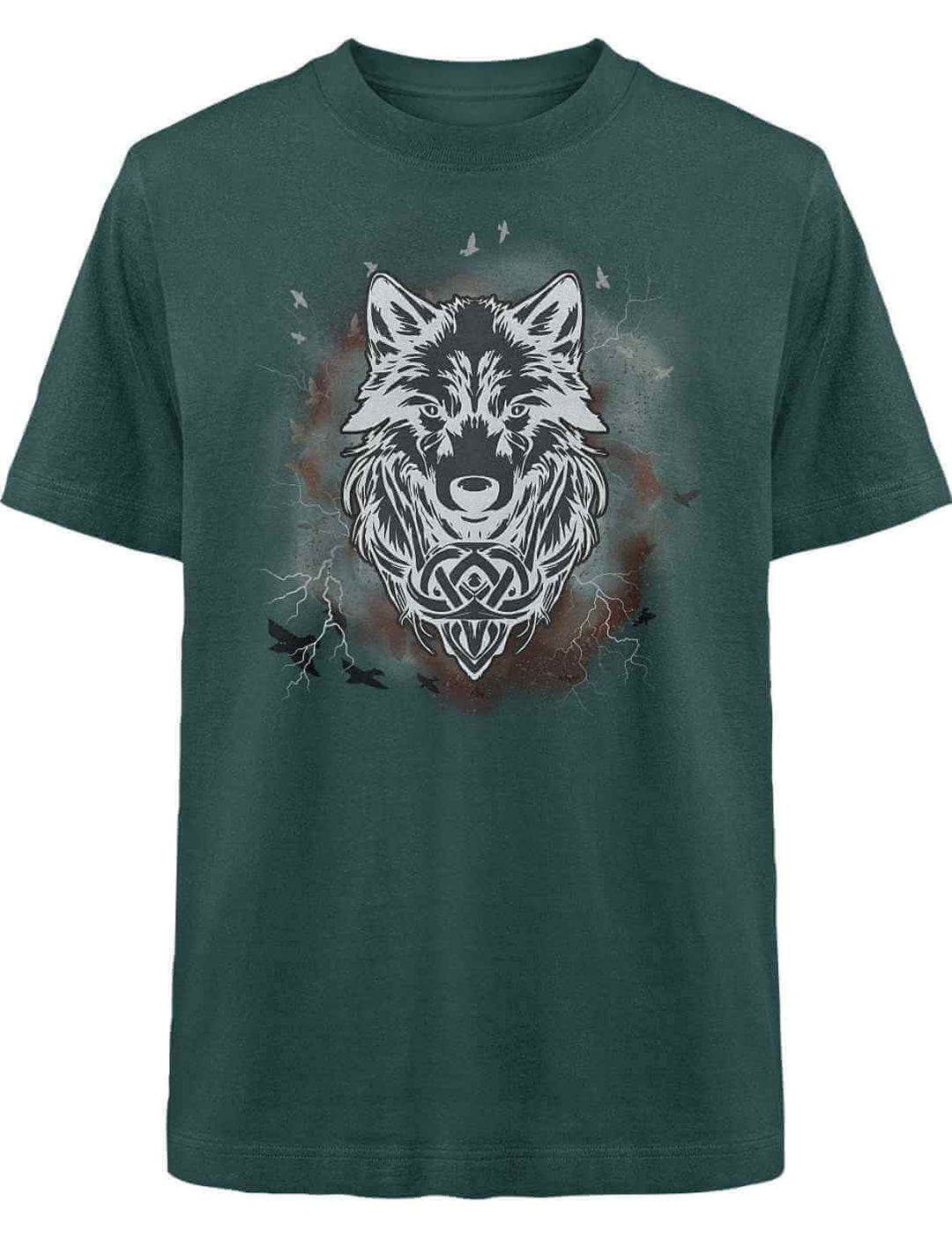 Waldgrünes “Fenrir – Wolfseele des Nordens” Shirt mit kraftvollem Fenrir-Wolf und nordischem Flair.