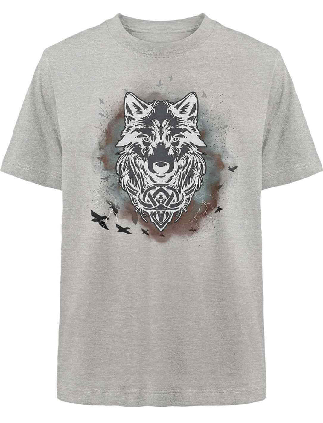 Graues “Fenrir – Wolfseele des Nordens” Shirt mit keltischer Wolfssymbolik und Raben.