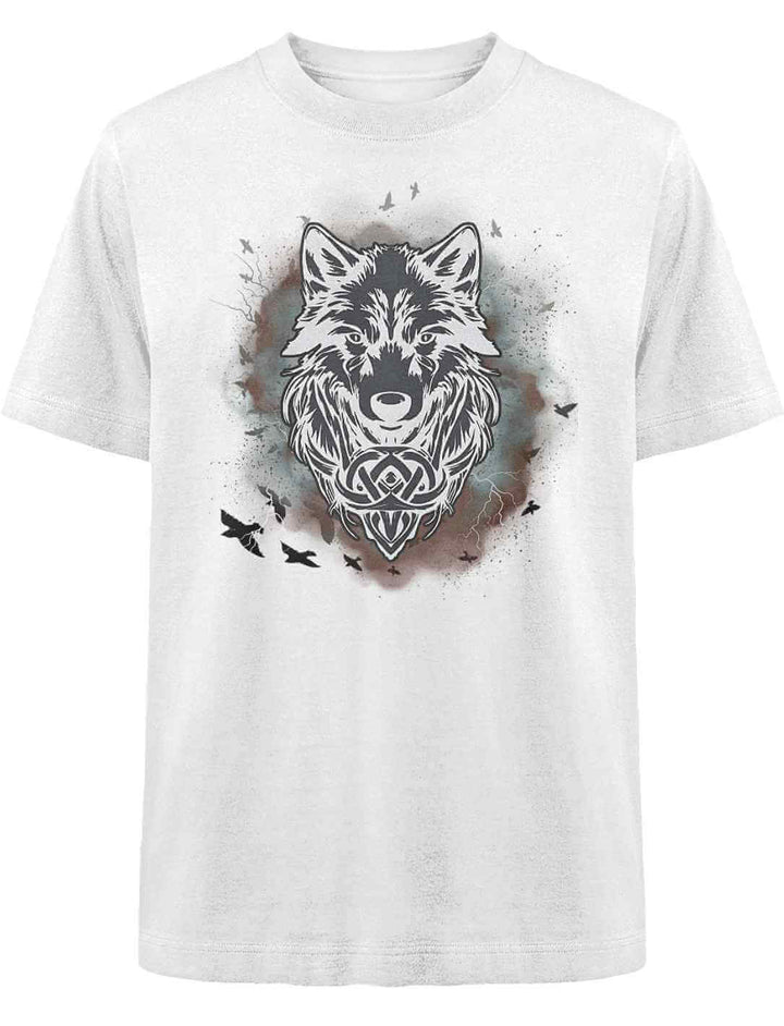 “Fenrir – Wolfseele des Nordens” Shirt in Weiß mit keltischem Wolfsdesign und Runenakzenten.