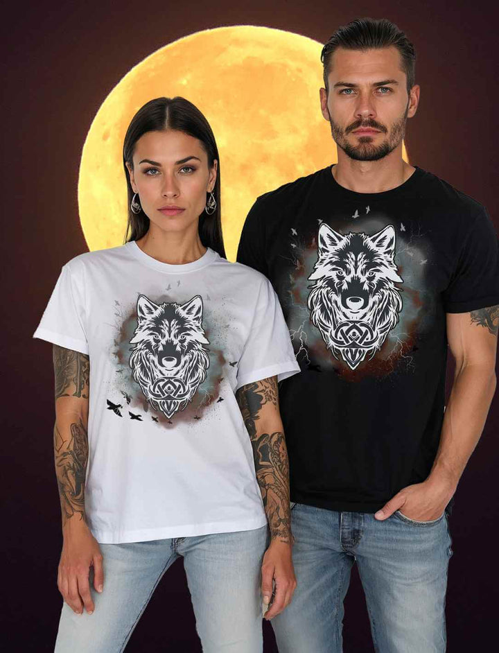 Mann mit schwarzem und Frau mit weißem “Fenrir – Wolfseele des Nordens” Shirt, stilvoll in nordischer Landschaft.