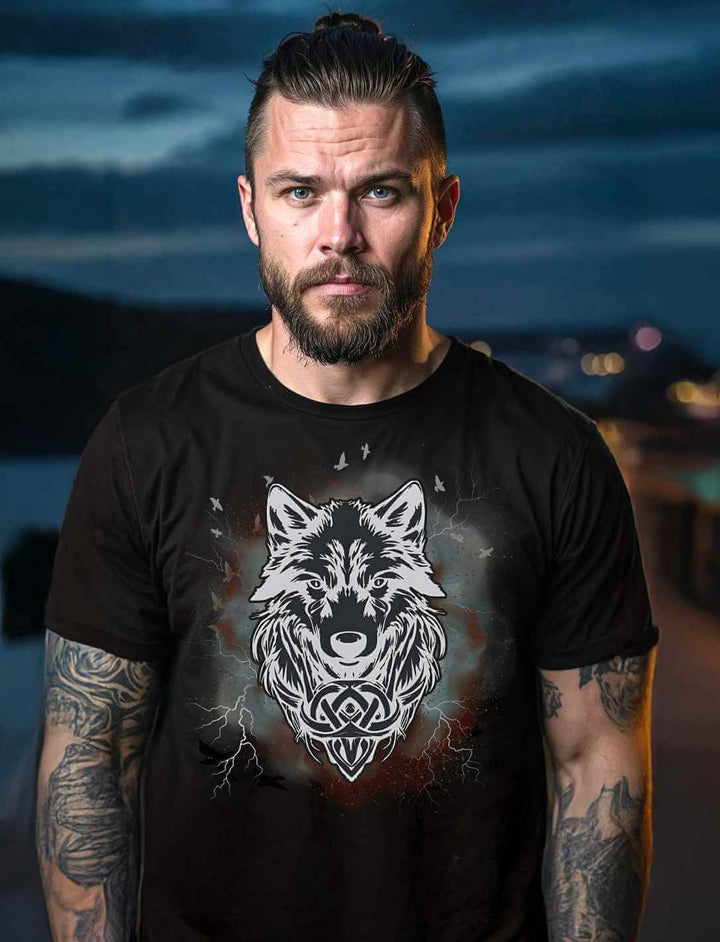 Ein Mann trägt das Fenrir – Wolfseele des Nordens Shirt in Schwarz, unter dem dunklen Nachthimmel – ein Krieger der Legenden.