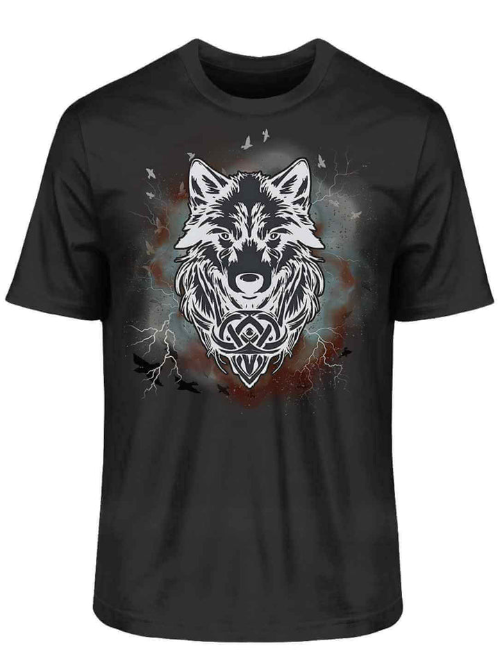 Unisex Organic Shirt Fenrir – Wolfseele des Nordens in Schwarz, mit imposantem Wolfsmotiv und mystischen Symbolen.