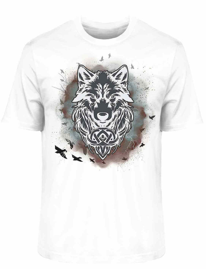 Unisex Organic Shirt Fenrir – Wolfseele des Nordens in Weiß, mit kraftvollem Wolfdesign, inspiriert von nordischer Mythologie.