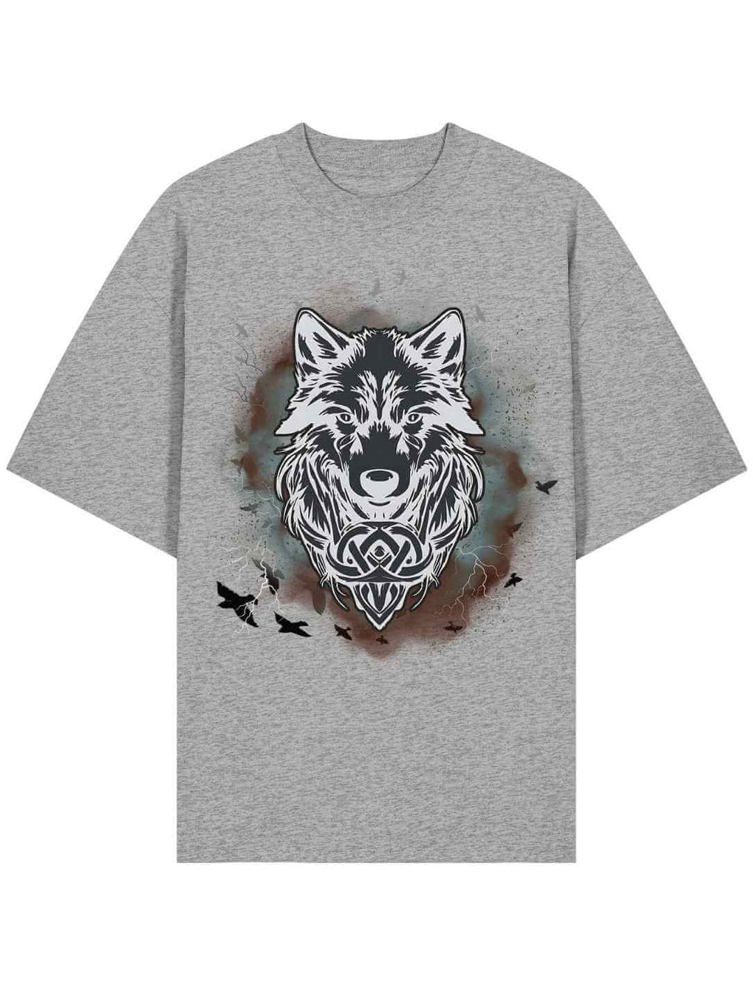 Graues Heather Grey Oversize Shirt mit Fenrir-Wolfsmotiv im nordischen Stil.