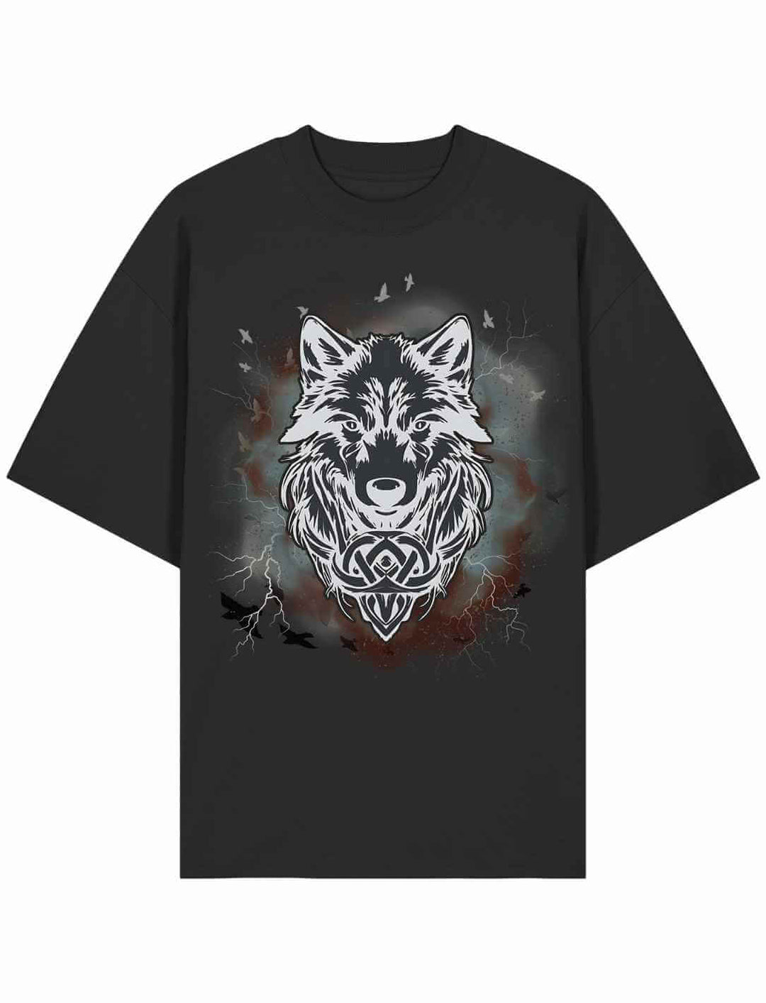 Schwarzes Fenrir Oversize Shirt mit nordischem Wolfsmotiv auf der Vorderseite.