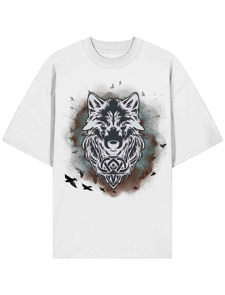 Weißes Fenrir Oversize Shirt mit detailliertem Wolfssymbol aus der nordischen Mythologie.
