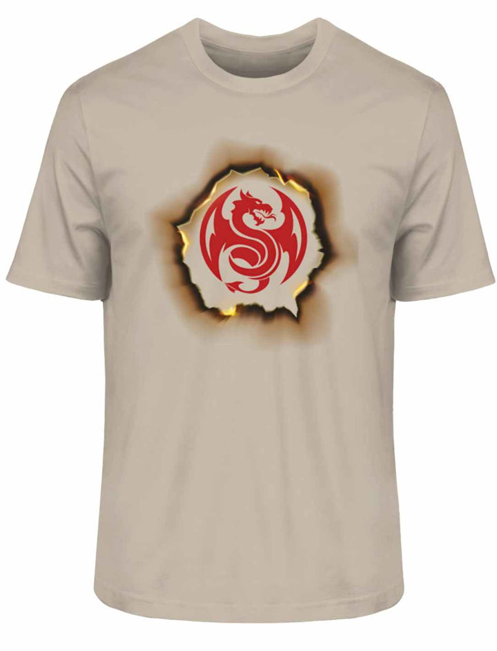 Flaming Dragon Heart T-Shirt in Desert Dust auf weißem Hintergrund