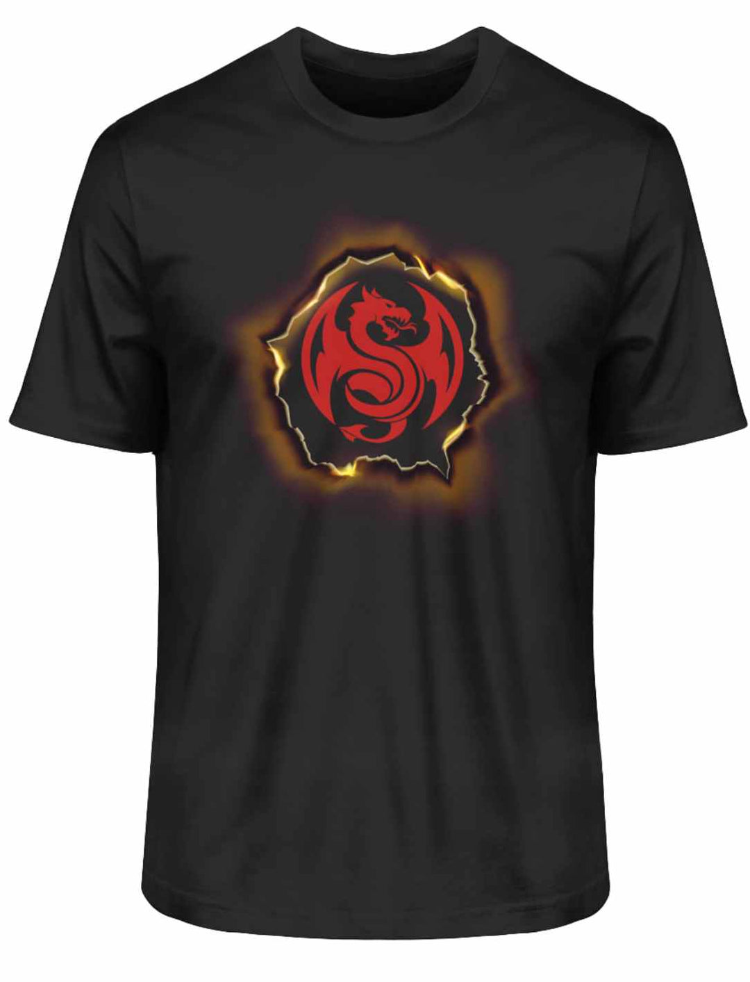 Schwarzes Flaming Dragon Heart T-Shirt auf weißem Hintergrund